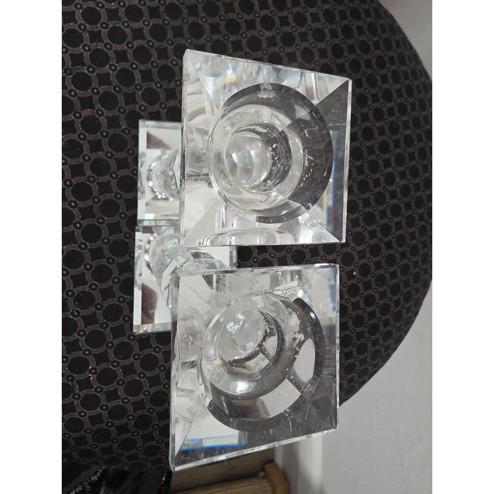 Art Deco CRYSTAL Set of 2  Gemstone Cut PRISM Pillar Candlestick Holder Pair